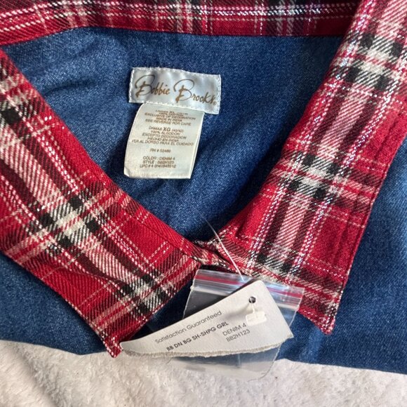 Bobbie Brooks Womens Embroidered Denim Button Up Shirt with Plaid Collar XL New - Picture 3 of 8